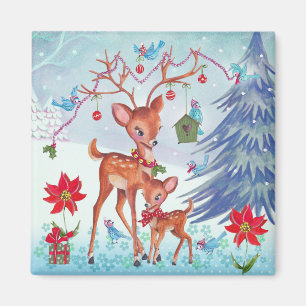 Deer Christmas Birds Holiday Greeting card Magnet