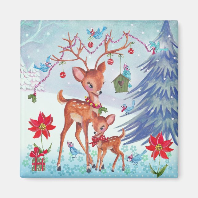 Deer Christmas Birds | Holiday Greeting card Magnet (Front)