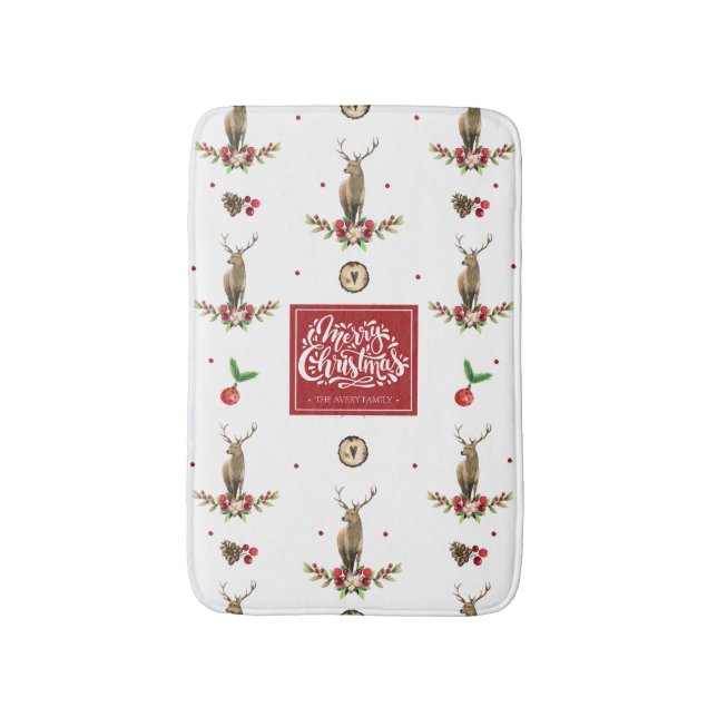Deer Christmas Idyll Personalized Bath Mat (Front Vertical)