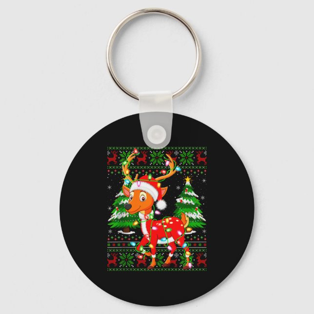 Deer Christmas Lights Santa Costume Ugly Xmas Swea Keychain (Front)