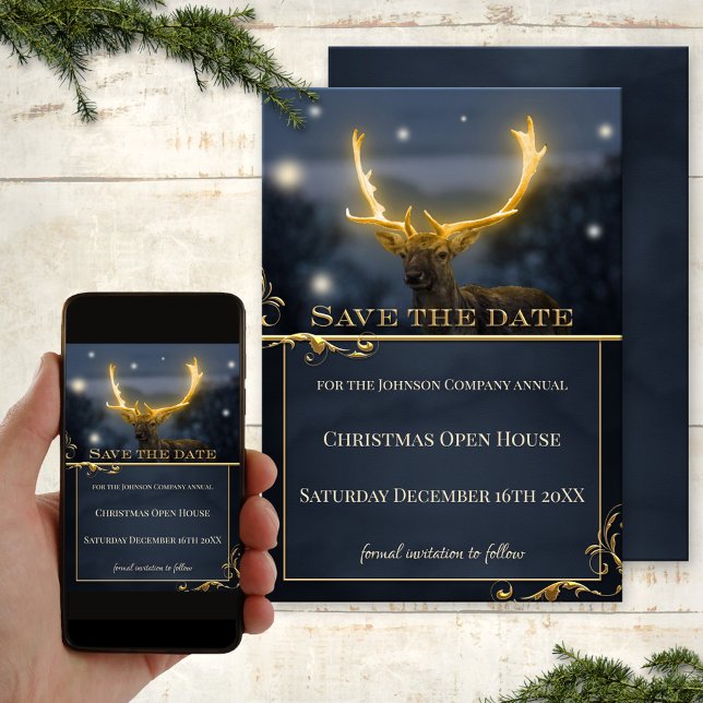 Deer Christmas Open House Enregistrer la carte Dat (Save the Date Christmas invitation, showing a stylized glow-in-the-dark deer on blue sparkle lights)