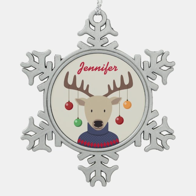 Deer Christmas Snowflake Pewter Christmas Ornament (Front)