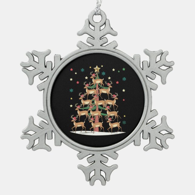 Deer Christmas Tree Funny Holiday Cute Reindeer  Snowflake Pewter Christmas Ornament (Front)