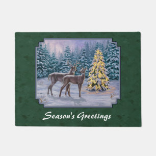 Deer & Christmas Tree Green Doormat