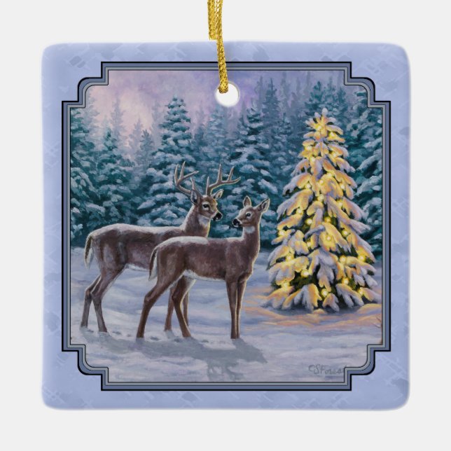 Deer & Christmas Tree Winter Blue Ceramic Ornament (Front)