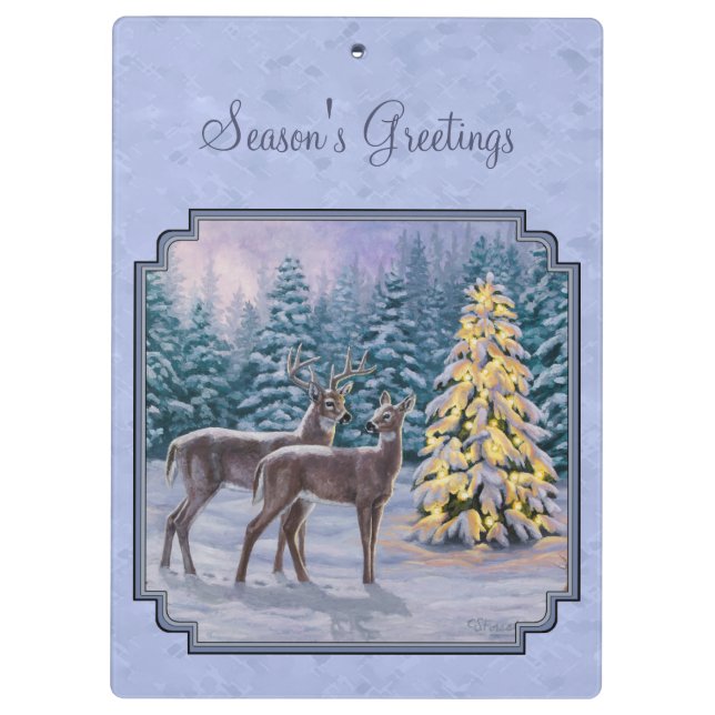 Deer & Christmas Tree Winter Blue Clipboard (Back)