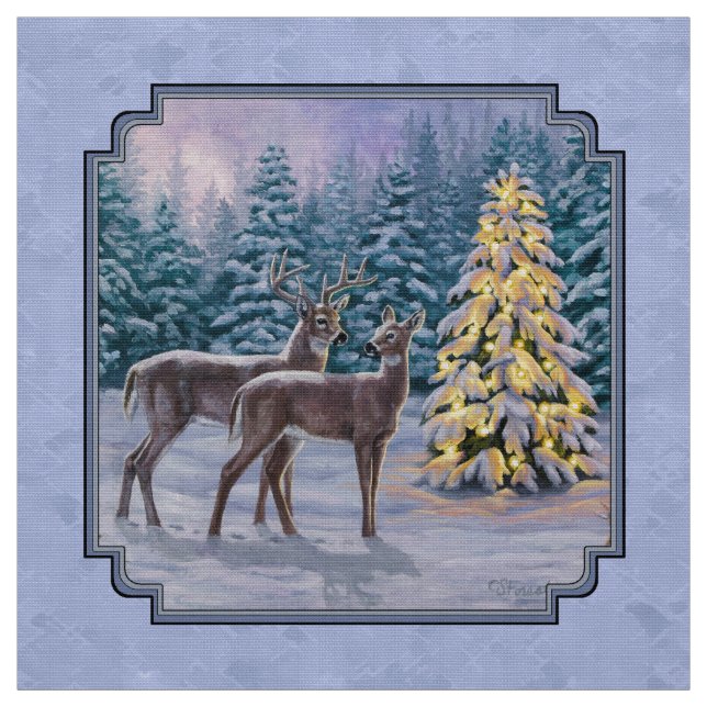 Deer & Christmas Tree Winter Blue Fabric (Swatch)