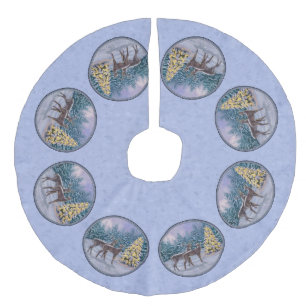 Deer & Christmas Tree Winter Blue Faux Linen Tree Skirt