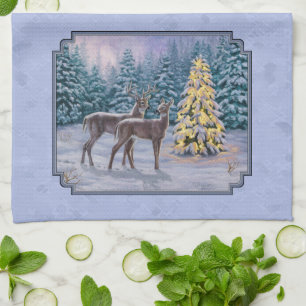 Deer & Christmas Tree Winter Blue Kitchen Towel