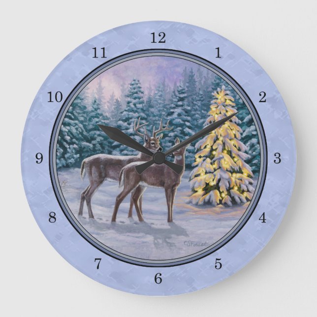 Deer & Christmas Tree Winter Blue Large Clock (Front)
