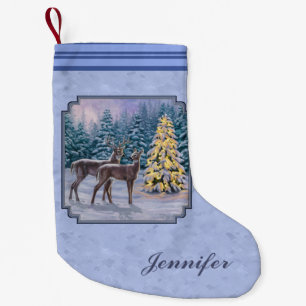 Deer & Christmas Tree Winter Blue Small Christmas Stocking