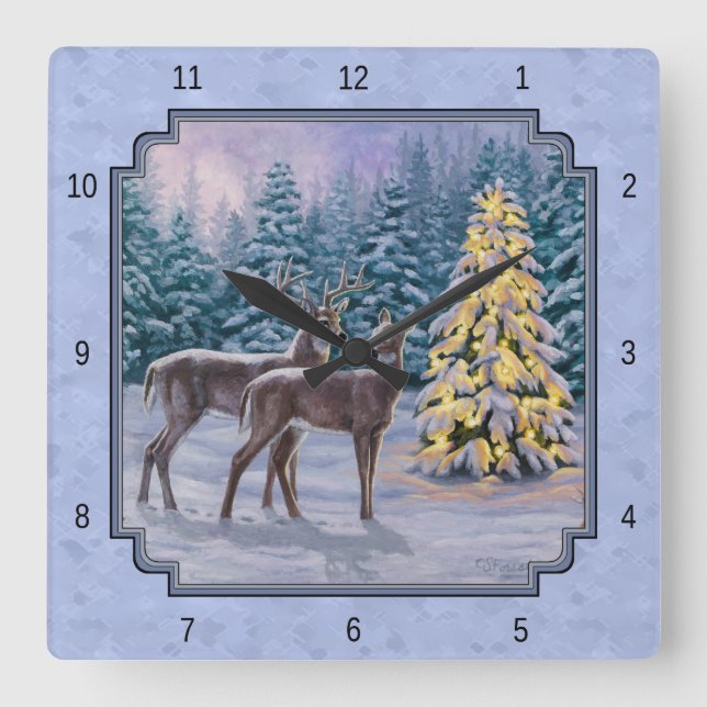 Deer & Christmas Tree Winter Blue Square Wall Clock (Front)