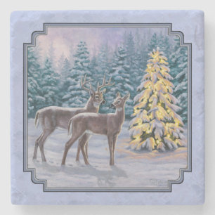 Deer & Christmas Tree Winter Blue Stone Coaster