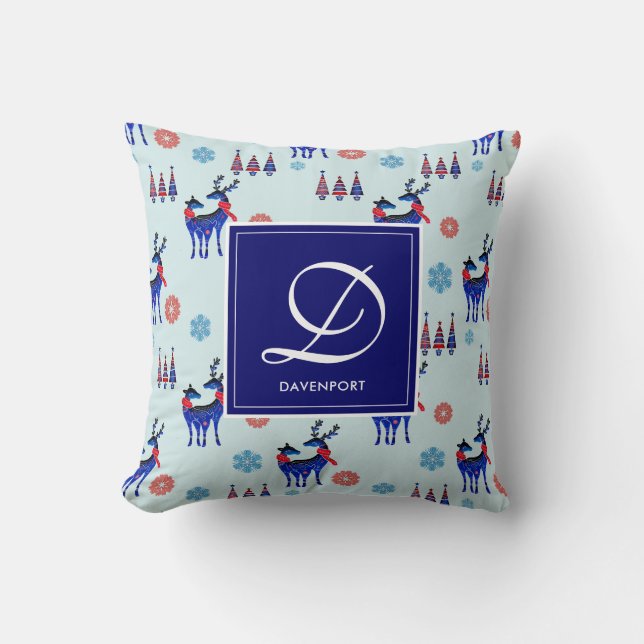 Deer, Christmas Trees, & Snowflakes with Monogram Throw Pillow (Front)