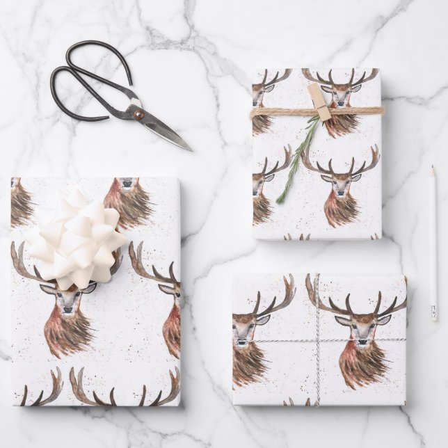 Deer Christmas watercolor Pattern Woodland Brown Wrapping Paper Sheet (Front)