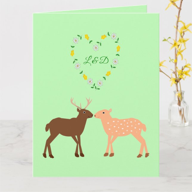 Deer Couple and Daisy Heart Custom Card (Yellow Flower)