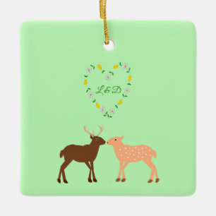 Deer Couple and Daisy Heart Custom Ceramic Ornament