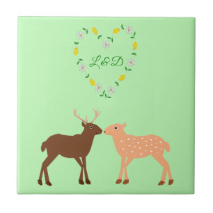 Deer Couple and Daisy Heart Custom Tile