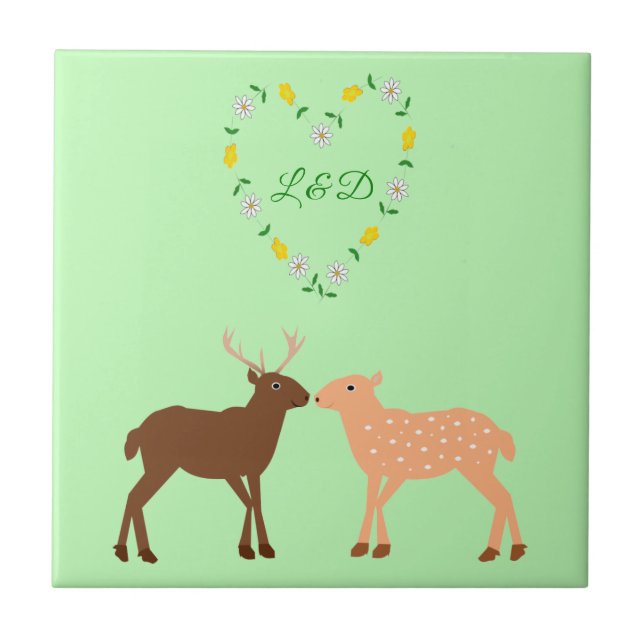 Deer Couple and Daisy Heart Custom Tile (Front)