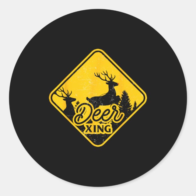 Deer Crossing Sign Christmas Xing Reindeer Funny M Classic Round Sticker (Front)