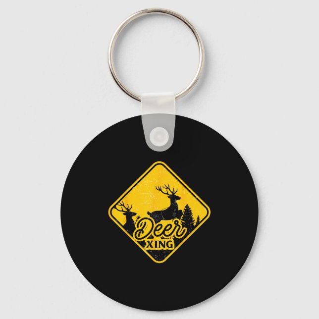 Deer Crossing Sign Christmas Xing Reindeer Funny M Keychain (Front)