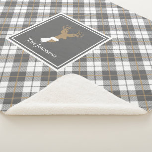 Deer Design Gold & Grey Plaid Personalized Sherpa Blanket