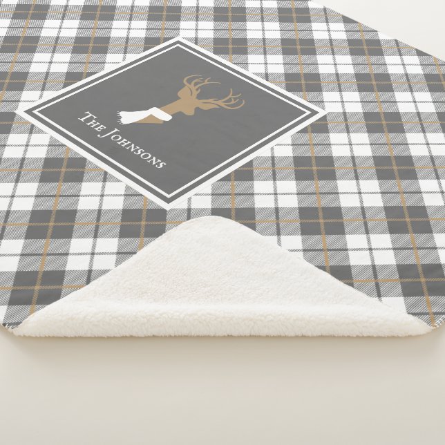 Deer Design Gold & Grey Plaid Personalized Sherpa Blanket (3/4)