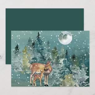 Deer Doe Fawn Forest Full Moon Snowfall Watercolor Holiday Card