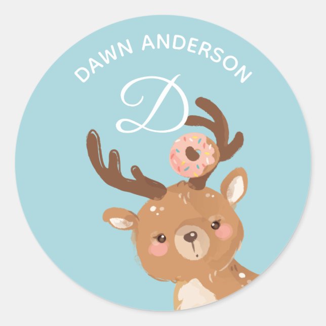 Deer Doughnut • Alphabet Monogram Cute School Dayc Classic Round Sticker (Front)
