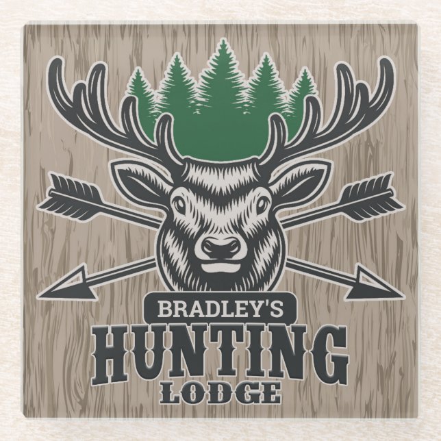 Deer Elk Hunter ADD NAME Bow Hunting Lodge Cabin Glass Coaster (Front)