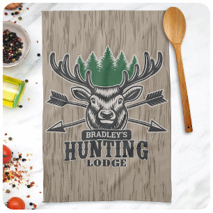 Deer Elk Hunter ADD NAME Bow Hunting Lodge Cabin Kitchen Towel