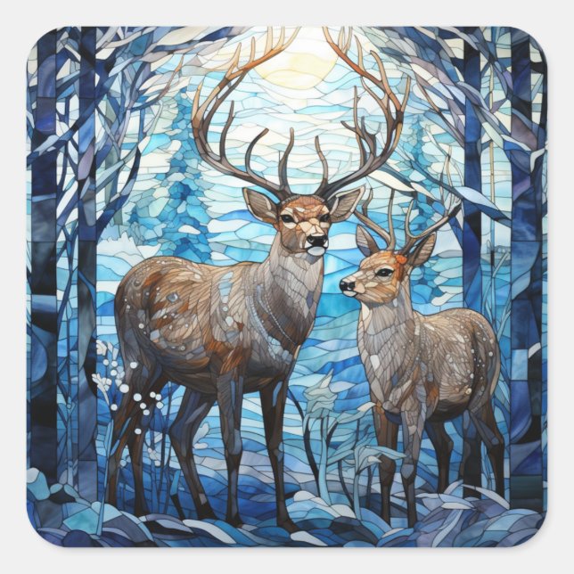 Deer family stained glass window square sticker (Front)