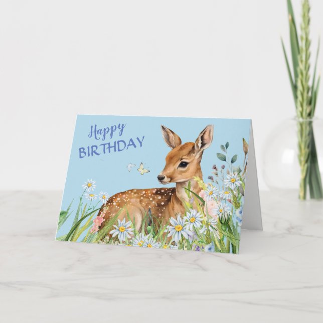 Deer Fawn and Daisies Birthday Card (Front)