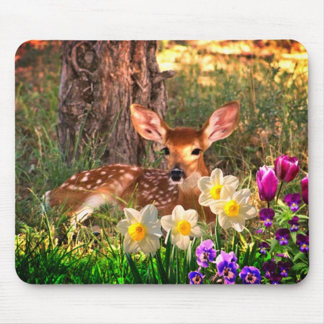 Deer Fawn in Forest with Tulips Mousepad (Front)