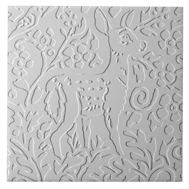Deer Fawn White Grey Embossed  Woodland Animal Tile (Front)