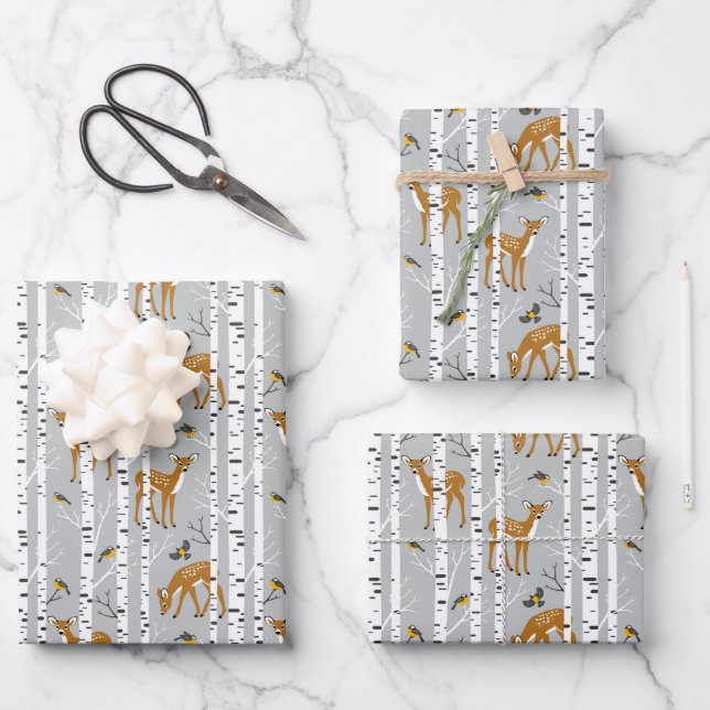 Deer Fawns White Birch Forest Birds Gift Wrapping Paper Sheet (Front)