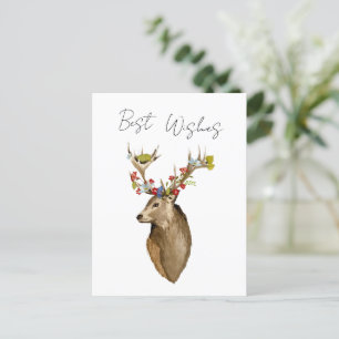 Deer flowers elegant simple botanical watercolor  postcard