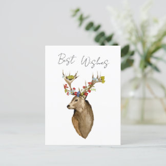 Deer flowers elegant simple botanical watercolor postcard