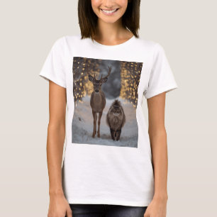Deer & Fluffy Cat in a Snowy Christmas Forest T-Shirt