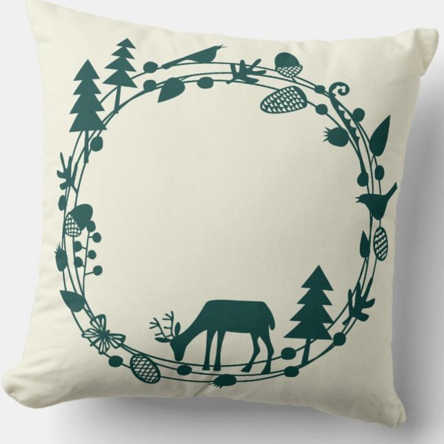 Deer Forest Circle Throw Pillow (Deer in the Forest green and cream pillow)