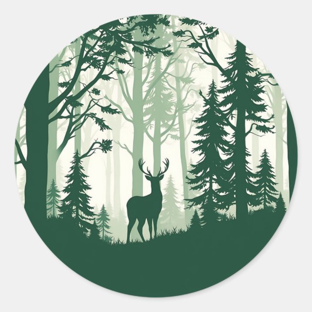 Deer Forest Silhouette Nature Scene Classic Round Sticker (Front)
