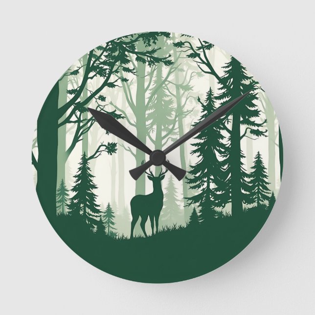 Deer Forest Silhouette Nature Scene Round Clock (Front)