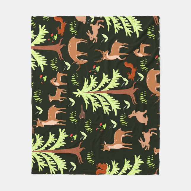 Deer Forest: Vintage Scenic Pattern. Fleece Blanket (Front)
