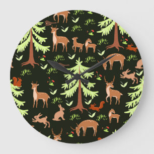 Deer Forest: Vintage Scenic Pattern. Large Clock