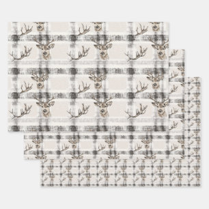 Deer Forest Winter Christmas Tartan Plaid 1 Wrapping Paper Sheet