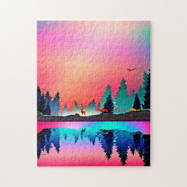 Deer forest woodland mountain aurora borealis  jigsaw puzzle (Vertical)