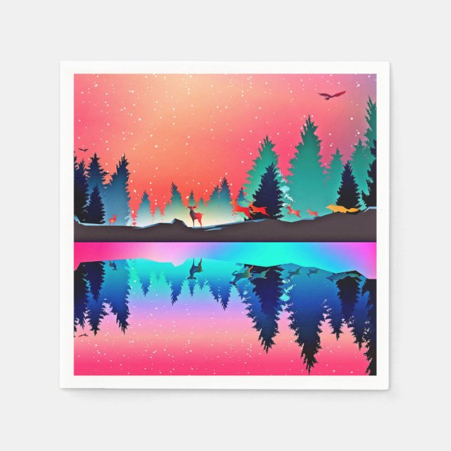 Deer forest woodland mountain aurora borealis  napkin (Front)