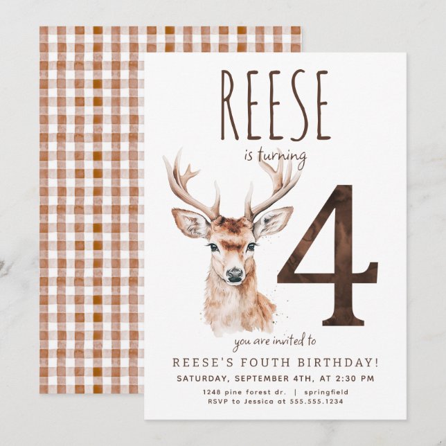 Deer fourth Birthday Invitation (Front/Back)