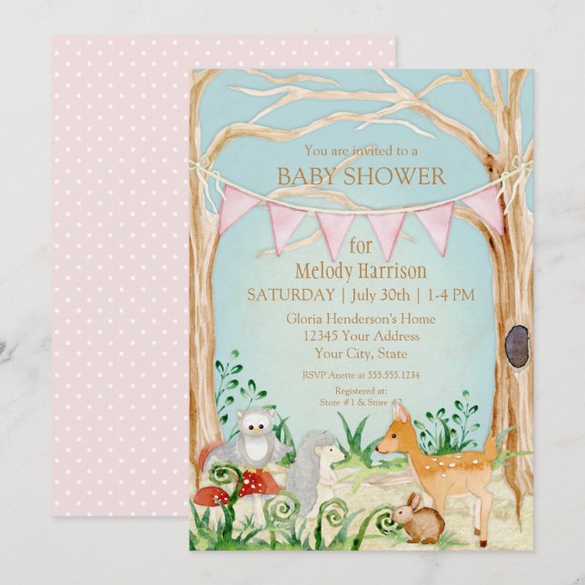 Deer Fox Forest Cute Animal Rabbit Owl Baby Shower Invitation (Front/Back)