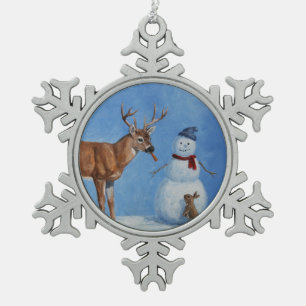 Deer & Funny Snowman Christmas Snowflake Pewter Christmas Ornament